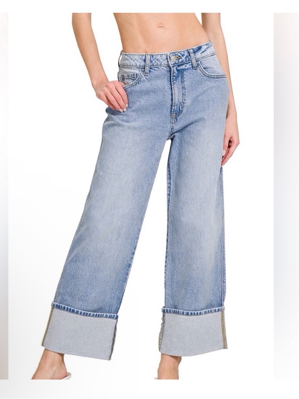 Zenana Outfitters Light Blue Wide-Leg Cuffed Jeans